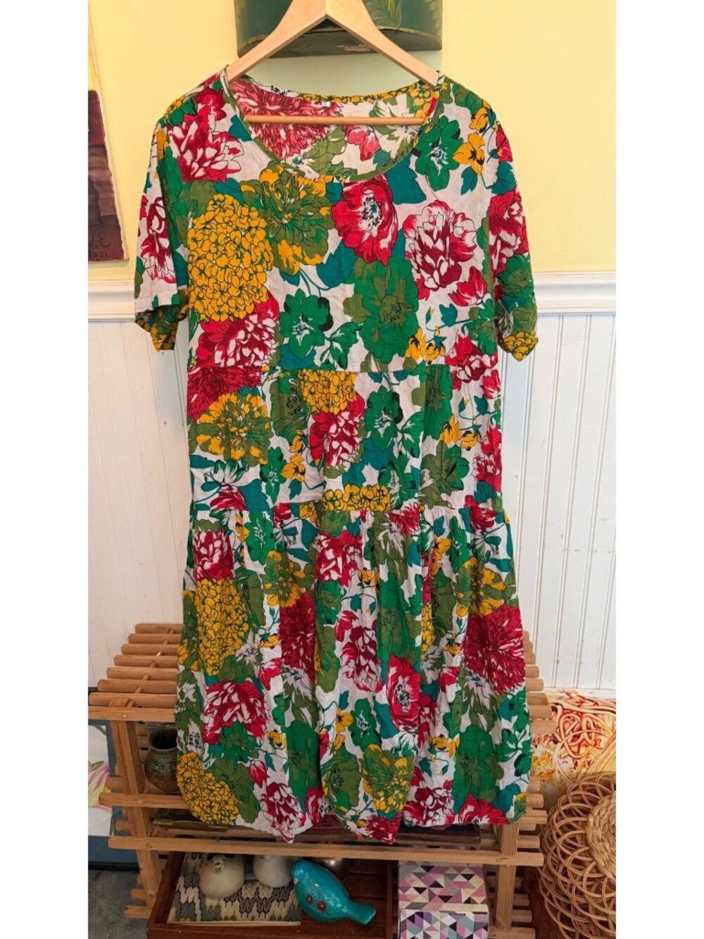 Floral Print Boho Dress XL Short Sleeve Lightweight Green/Red/Yellow Cotton